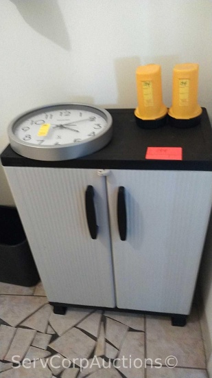 27" x 36" Plastic Storage Cabinet with Contents of Sharp Wall Clock, Duster & 2 Flashlights