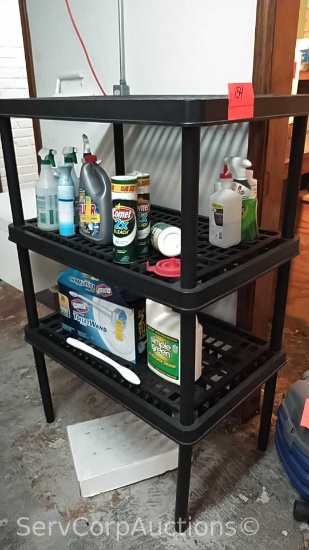 36" x 54" Plastic Shelving Unit with Cleaners: Comet, Liquid Plumber, Simple Green, Toilet Wand, etc