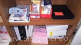 Lot on 2 Shelves of Paper Samplers, Booklets Samples, Photo Paper, Clip Boards, Binders
