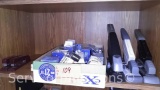 Lot on Shelf of Various Staplers & Staples