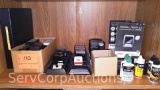 Lot on Shelf of Various Type Stamps & Stamp Refill Ink