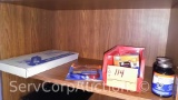 Lot on Shelf of Various Glue Sticks, Glue, Rubber Cement, White Out