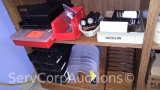 Lot on 2 Shelves of Flashlights, In/Out Trays, File Stands, Business Card Holders