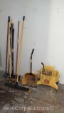 Lot of Various Brooms, Dust Mop, Dust Pan & Mop Bucket