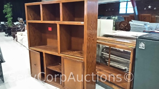 Lot of Glass Display Case, Wood Shelving Unit, Round Table