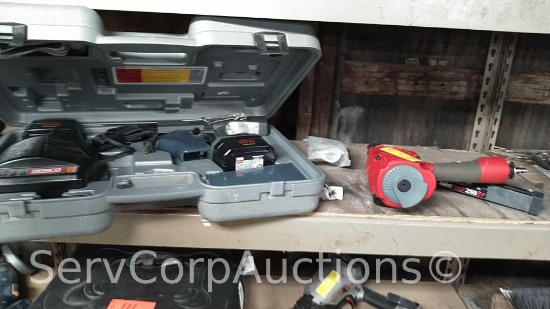 Lot on Shelf of Senco Joist Pro 250XP Pneumatic Metal Connector Nailer, Senco DS202-14V Cordless