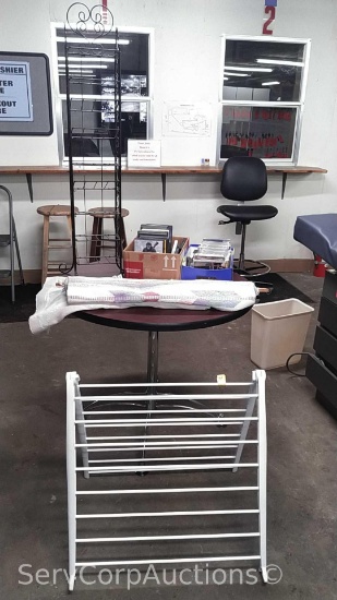 Lot on 2 Shelves of Tapestry, Heart Throw Rug, Folding Clothes Drying Rack, Various Music CD's,