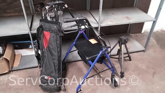 Lot on 2 Shelves of Drive Walker, Vanguard Tripod, Various Golf Clubs