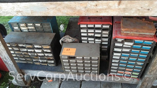 Lot on Shelf of Various Small Nut/Bolt Supply Bins