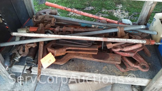 Lot on Shelf of Various Tools of Grease Guns, Pipe Clamps, Chain Binders, Pipe Wrench, Lift Hooks,