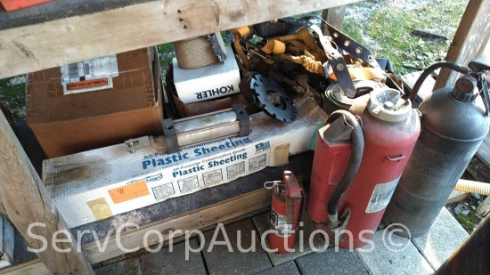 Lot on Shelf of Plastic Sheeting, Safety Harnesses, Filter, Actuator, Fire Extinguisher, Spacers