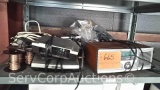 Lot on Shelf of Various Audio/Video Wires, Speaker Wires, Sangean Radio, Kenwood Wireless Surround