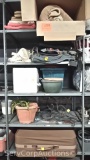 Lot on 5 Shelves of Various Blankets, Suitcases, Flower Pot, Flower Pot Stands