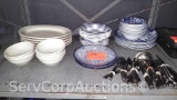 Lot on Shelf of Various Plates, Bowls, Forks, Spoons, Butter Knives