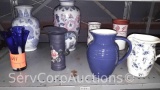 Lot on Shelf of Various Vases, Pitcher Decor