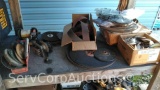 Lot on Shelf of Various Chop Saw Blades, Wire Brushes, Grinder Blades, Flap Disc, Sand Paper, Small