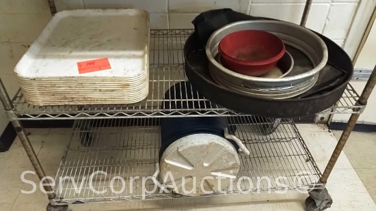 Lot on Plastic Serving Trays, Large Cake Pan, Sifter, Bowl, Water Cooler