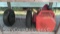 Lot on Shelf of 3 Various Gas Cans, Wheel Barrow Axle with Tires