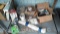 Lot on Shelf of Various Scopes, Shelving Rods, Cabinet Brackets, Door Knockers, Food Chopper, Bark