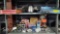 Lot on 2 Shelves of Various Remote Control Helicopters, Pocket Knives, Wicker Basket, TV Wall