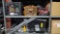 Lot on 2 Shelves of Various Flashlights, Electrical Fittings, Paint, Cordless Drills
