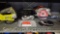 Lot on Shelf of Ryobi Jigsaw, Black & Decker Circular Saw, Circular Saw Blades, Safety Glasses