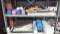 Lot on 2 Shelves of Various Dumb Bells, Dog Leashes, Dog Heater Floor Blanket, Pet Food Container