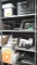 Lot on 4 Shelves of Various Desk Supplies, Calculators, Printers, Dell Speakers, Staplers,