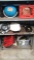 Lot on 3 Shelves of Globe, Nails, Battery BackUp, Inverter, Lamp, Twine, Various Funnels, Grease,