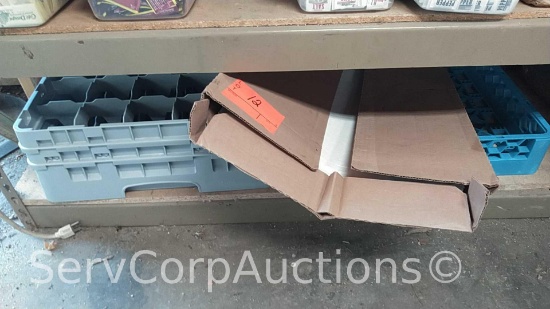 Lot on Shelf of Various Compartment Glass Racks & Qulion Pan Liner