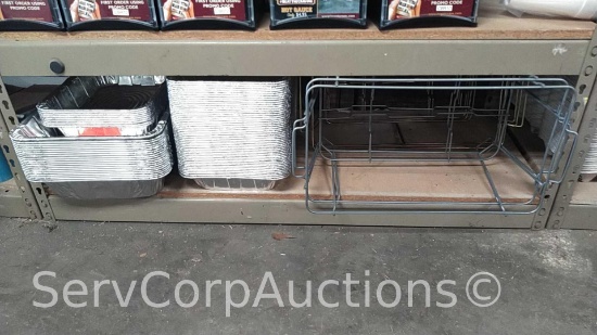 Lot on Shelf of Various 12"x20" & 12"x10" Aluminum Pans and Wire Chaffing Stands Buffet Sets
