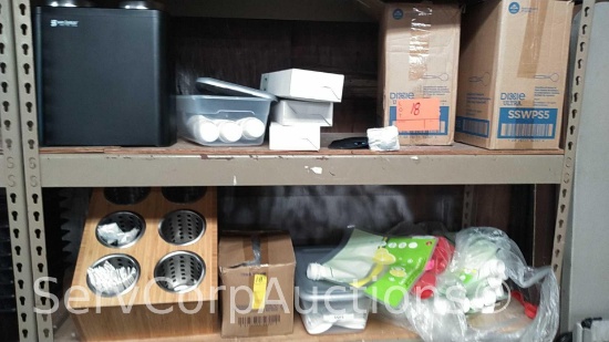 Lot on 2 Shelves of Various Plastic Spoons/Knives Utensils, Portion Cups, 1-Gallon Beverage Bags,