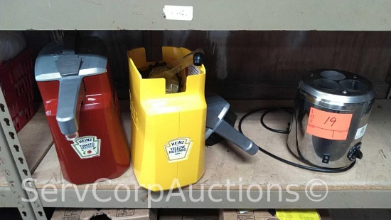 Lot on Shelf of Heinz Ketchup/Mustard Dispensers, Server SBW Squeeze Bottle Topper Warmer
