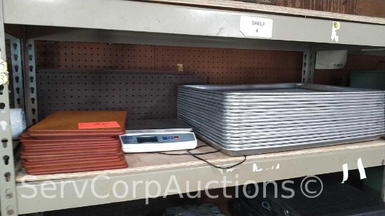 Lot on Shelf of (15) 9"x12" Cutting Boards, Globe GPS10 Scale, (17) 18"x26" Perforated Steam Sheet