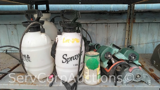 Lot on Shelf of Various Pump Sprayers, Water Hose Nozzles, Lawn Sprinklers