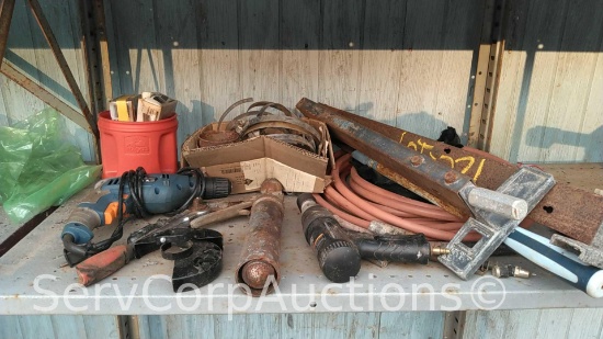 Lot on Shelf of Various Hose Clamps, Brad Nails, Table Saw Guard Rails, Electric Drill, Grease Gun,