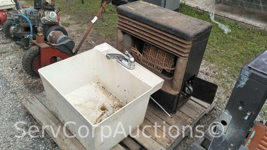 Lot on Pallet of 22" X 23" Slop Sink, King Gas Home Heater