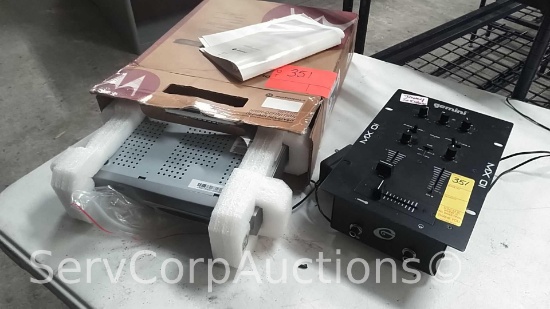Lot on Shelf of Motorola High Definition Off Air Receiver, Gemini MX01 Professional DJ Mixer