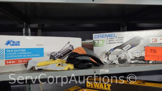 Lot on Shelf of Blue Hawk Tile Cutter, Dremel Ultra Saw, Knee Pads, Safety Glasses, Gloves