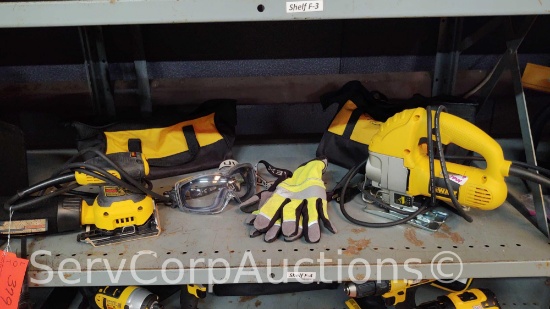 Lot on Shelf of DeWalt Electric Palm Sander-Works, DeWalt Electric Jigsaw-Works, Safety Glasses,
