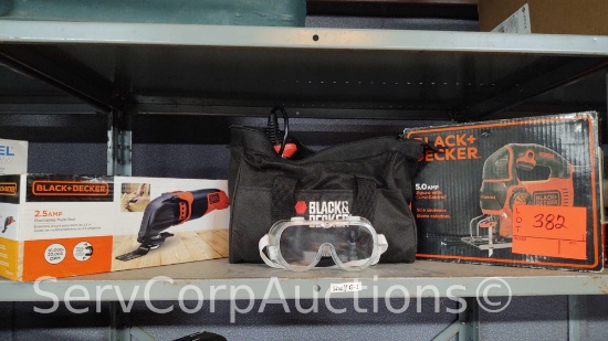 Lot on Shelf of Black & Decker Electric Jigsaw, Electric Oscillating Tool, & Electric Drill, Safety