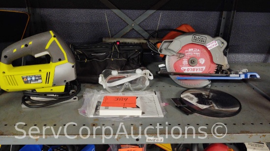 Lot on Shelf of Ryobi Jigsaw, Black & Decker Circular Saw, Circular Saw Blades, Safety Glasses