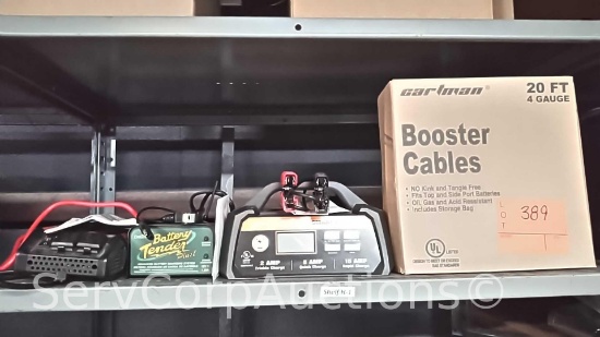 Lot on Shelf of Cartman Booster Cables, Ampeak Smart Charger, Deltran Battery Tender Trickle