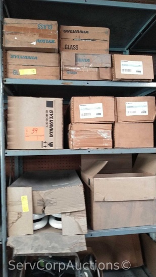 Lot on 3 Shelves of Various Bulbs U-Shape, Outdoor/Indoor Flood Lights, 130V (Seller: City of