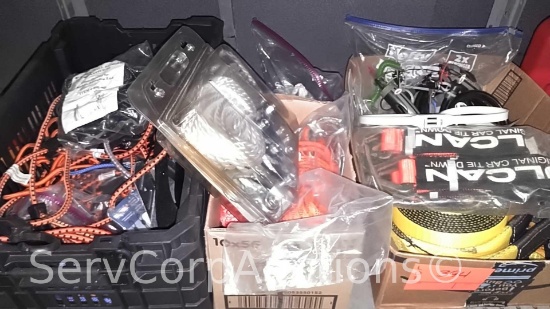 Lot on Shelf of Various Bungee Cords, Ratchet Straps, Poly Rope, Tow Straps, Cable Locks, Car Tie