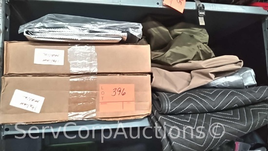 Lot on Shelf of Various Tarps, Heat Shield, Moving Blanket, Universal Covers
