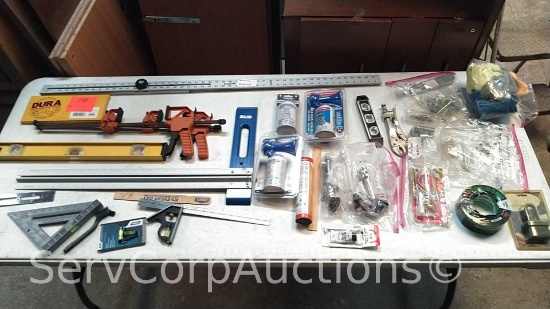 Lot on Shelf of Various Levels, T-Squares, Tape, Clamps, Hitch Locks, Marina Horns, Sandpaper, Rags,