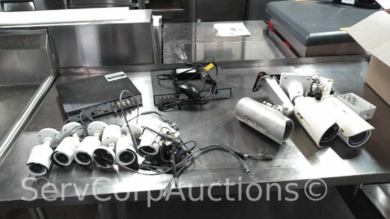 Lot on Shelf of Various CCTV Cameras with V-Max Flex 8-Channel DVR Unknown Brand (Seller: City of