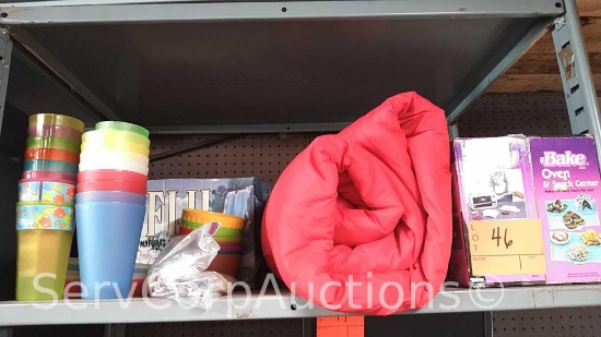 Lot on Shelf of Various Plastic Cups, Bowls, Plates, Utensils, Sleeping Bag, Easy Bake Oven