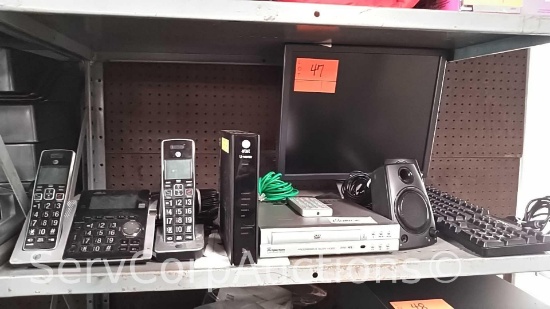 Lot on Shelf of Cordless Landline Phone, Monitor, Keyboard, PC Speakers, DVD Player, Router